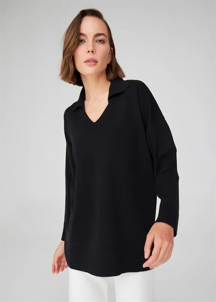 Peraluna Polo V Yaka Bol Kesim Kadın Triko Kazak - Siyah - Resim 2