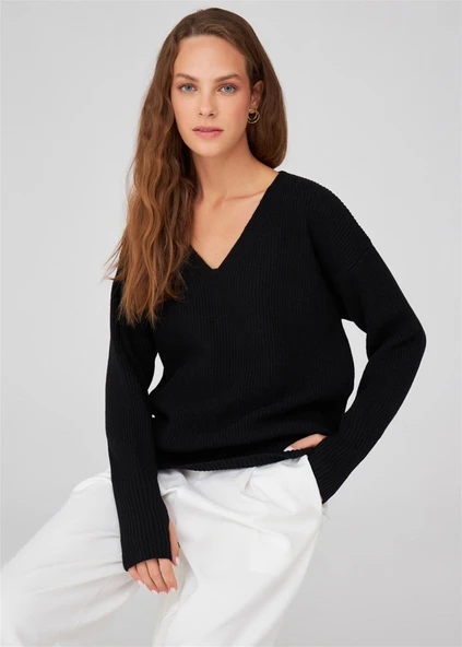 Peraluna V Yaka Bol Kesim Kaşmir Karışım Kadın Triko Kazak - Siyah - 4