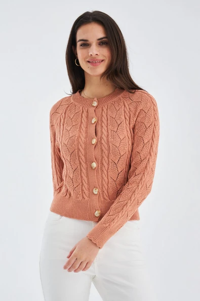 Peraluna ELLA CARDIGAN Ajur Detaylı Yazlık Düğmeli Kadın Triko Hırka - Somon - Resim 5