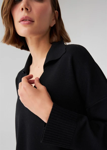 Peraluna Polo V Yaka Bol Kesim Kadın Triko Kazak - Siyah - Resim 4