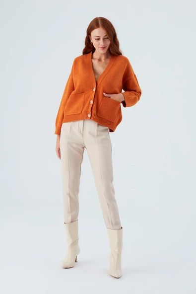 Peraluna CAROL CARDIGAN Cepli Düğmeli Rahat Kesim Crop Kadın Triko Hırka - Turuncu ürün görseli