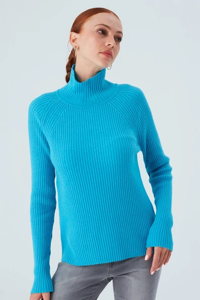 Peraluna Fit Kalıp Balıkçı Yaka Kaşmir Karışım Kadın Triko Kazak - Turkuaz - 7