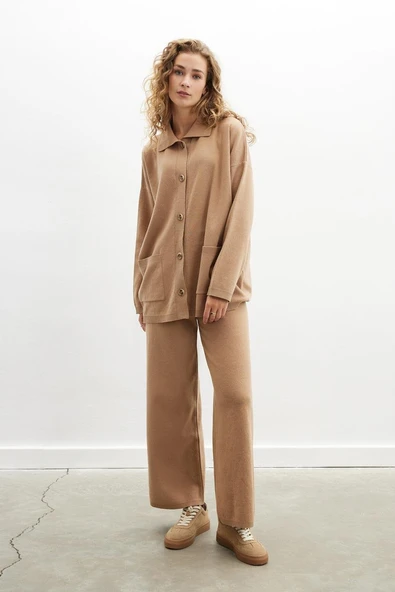 Peraluna DENISE CARDIGAN Polo Yaka Geniş Kesim Pamuk-Yün Kadın Triko Hırka - Camel ürün görseli 1