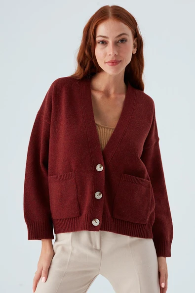 Peraluna CAROL CARDIGAN Cepli Düğmeli Rahat Kesim Crop Kadın Triko Hırka - Bordo - Resim 2