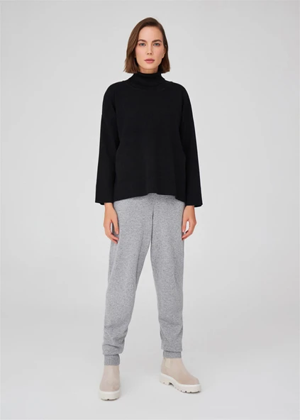 Peraluna Balıkçı Yaka Boğazlı Bol Kesim Kadın Triko Kazak - Siyah ürün görseli