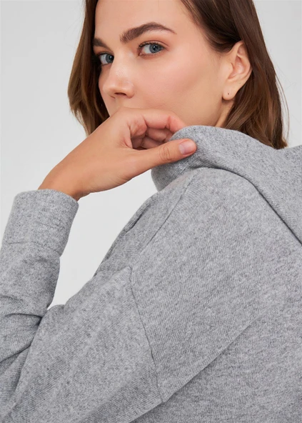 Peraluna Kaşmir Karışım Kapüşonlu Bol Kesim Kadın Triko Kazak - Gri Melanj - Resim 5