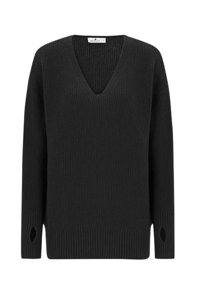 Peraluna V Yaka Bol Kesim Kaşmir Karışım Kadın Triko Kazak - Siyah - 7