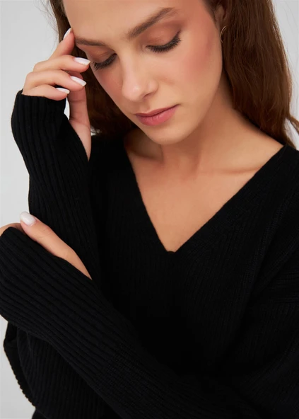 Peraluna V Yaka Bol Kesim Kaşmir Karışım Kadın Triko Kazak - Siyah - 6