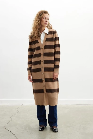 Peraluna BEATRICE LONG CARDIGAN Çizgili V Yaka Uzun Kadın Triko Hırka - Camel - 2