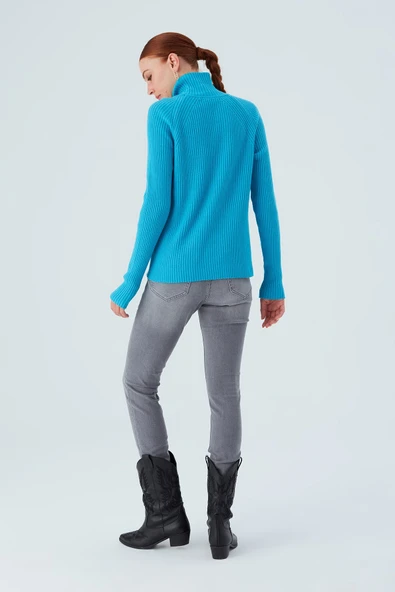 Peraluna Fit Kalıp Balıkçı Yaka Kaşmir Karışım Kadın Triko Kazak - Turkuaz - 8
