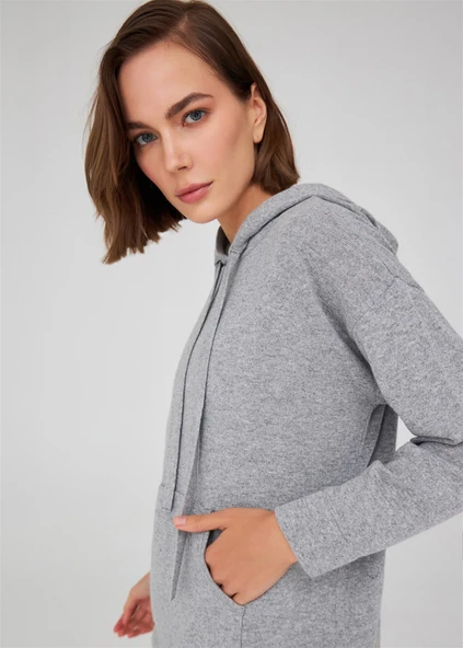Peraluna Kaşmir Karışım Kapüşonlu Bol Kesim Kadın Triko Kazak - Gri Melanj - Resim 4