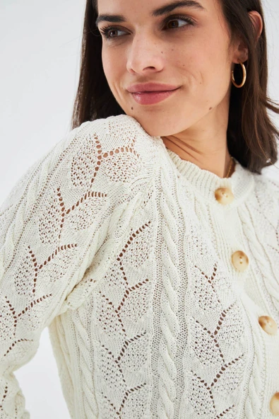 Peraluna ELLA CARDIGAN Ajur Detaylı Yazlık Düğmeli Kadın Triko Hırka - Ekru - Resim 4