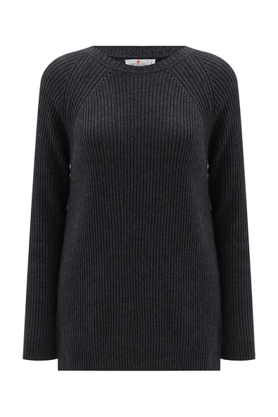 Peraluna Yırtmaçlı Bol Kesim Kaşmir Karışım Kadın Triko Kazak - Antrasit Melanj - Resim 9