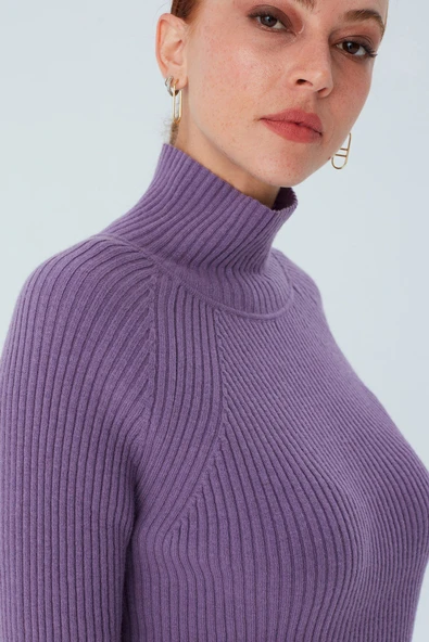 Peraluna Fit Kalıp Balıkçı Yaka Kaşmir Karışım Kadın Triko Kazak - Koyu Lila - Resim 6