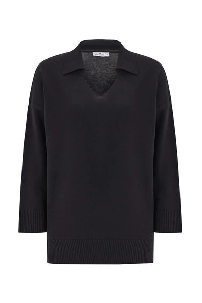 Peraluna Polo V Yaka Bol Kesim Kadın Triko Kazak - Siyah - Resim 7