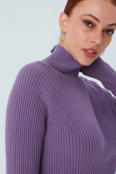 Peraluna Fit Kalıp Balıkçı Yaka Kaşmir Karışım Kadın Triko Kazak - Koyu Lila - Resim 3