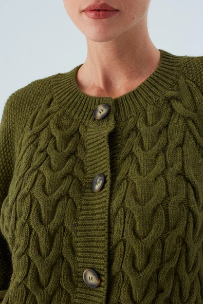 Peraluna MAY CARDIGAN Saç Örgülü Düğmeli Bol Kesim Kadın Triko Hırka - Yeşil - Resim 4