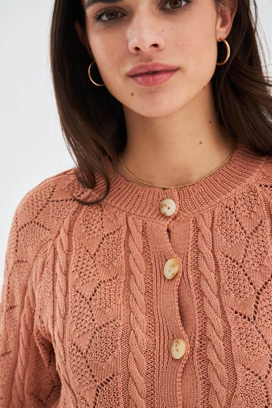 Peraluna ELLA CARDIGAN Ajur Detaylı Yazlık Düğmeli Kadın Triko Hırka - Somon - Resim 3