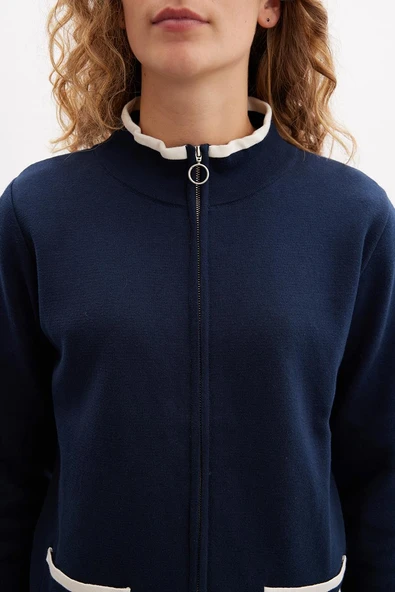 Peraluna SUMMER CARDIGAN Fermuarlı Cepli Organik Pamuk Çelik Örgü Yazlık Kadın Triko Hırka - Lacivert - Resim 4