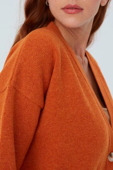 Peraluna CAROL CARDIGAN Cepli Düğmeli Rahat Kesim Crop Kadın Triko Hırka - Turuncu - 3