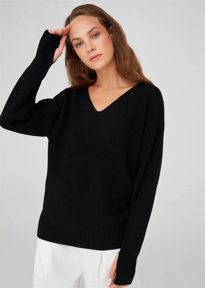 Peraluna V Yaka Bol Kesim Kaşmir Karışım Kadın Triko Kazak - Siyah - 2
