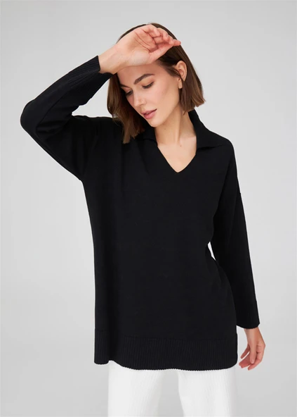 Peraluna Polo V Yaka Bol Kesim Kadın Triko Kazak - Siyah - Resim 3