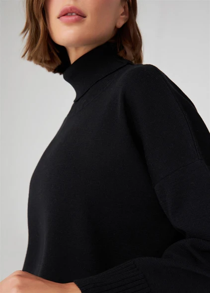 Peraluna Balıkçı Yaka Boğazlı Bol Kesim Kadın Triko Kazak - Siyah - Resim 4