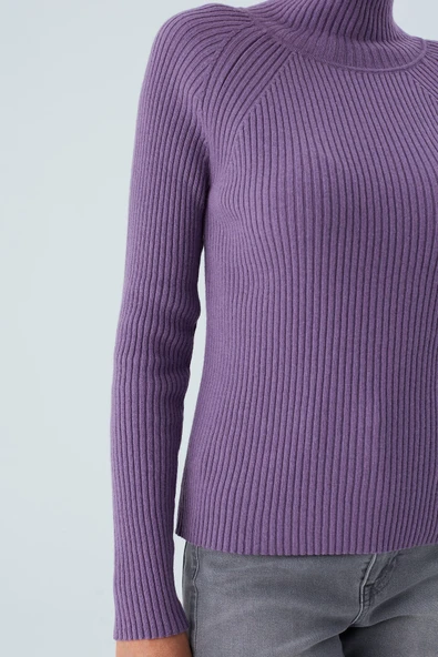 Peraluna Fit Kalıp Balıkçı Yaka Kaşmir Karışım Kadın Triko Kazak - Koyu Lila - Resim 4