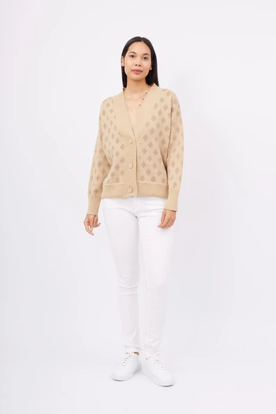 Peraluna MADRIGAL JACKET Simli Diamond Desenli Geniş Kalıp Kadın Triko Hırka - Bej