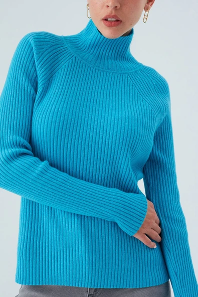 Peraluna Fit Kalıp Balıkçı Yaka Kaşmir Karışım Kadın Triko Kazak - Turkuaz - 5