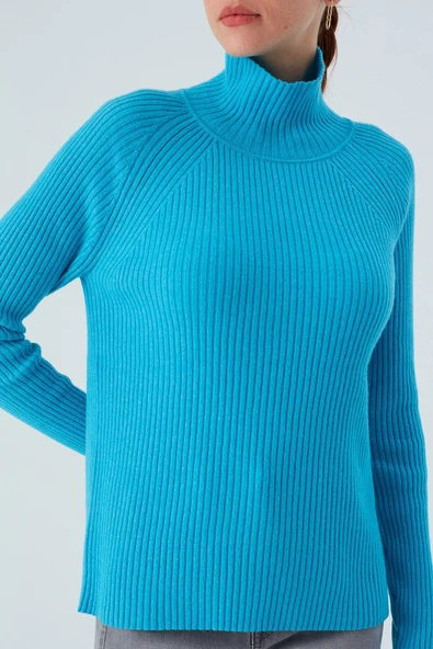 Peraluna Fit Kalıp Balıkçı Yaka Kaşmir Karışım Kadın Triko Kazak - Turkuaz - 6