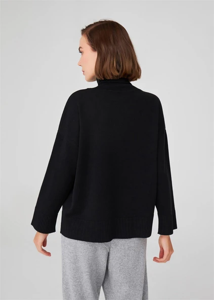Peraluna Balıkçı Yaka Boğazlı Bol Kesim Kadın Triko Kazak - Siyah - Resim 3