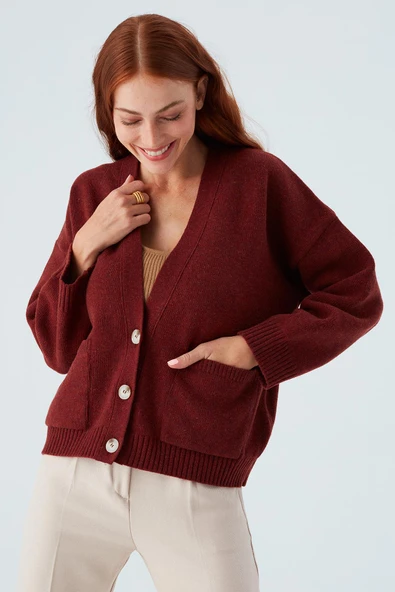 Peraluna CAROL CARDIGAN Cepli Düğmeli Rahat Kesim Crop Kadın Triko Hırka - Bordo - Resim 7