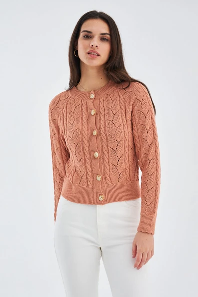 Peraluna ELLA CARDIGAN Ajur Detaylı Yazlık Düğmeli Kadın Triko Hırka - Somon - Resim 6
