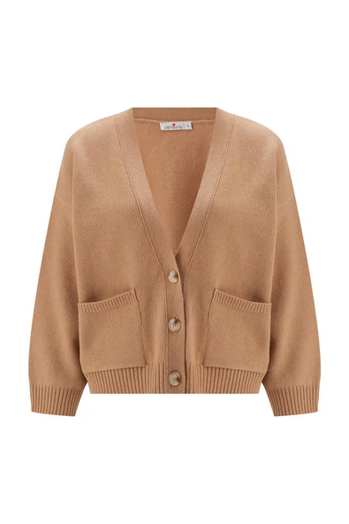 Peraluna CAROL CARDIGAN Cepli Düğmeli Rahat Kesim Crop Kadın Triko Hırka - Bej - Resim 9
