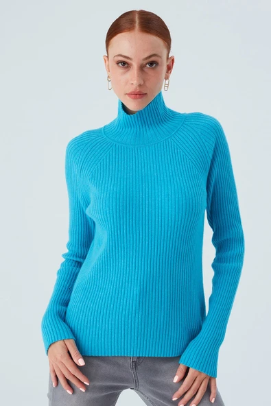 Peraluna Fit Kalıp Balıkçı Yaka Kaşmir Karışım Kadın Triko Kazak - Turkuaz - 2