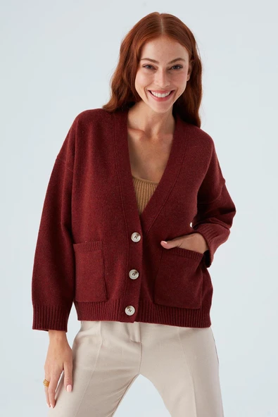 Peraluna CAROL CARDIGAN Cepli Düğmeli Rahat Kesim Crop Kadın Triko Hırka - Bordo - Resim 6