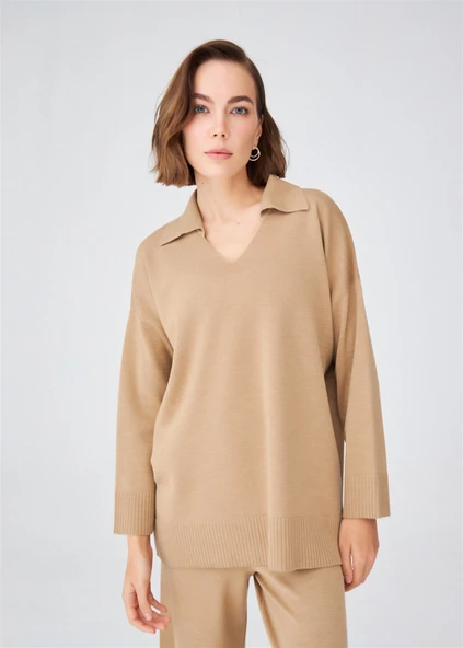 Peraluna Polo V Yaka Bol Kesim Kadın Triko Kazak - Camel Melanj - 3