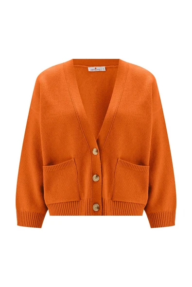 Peraluna CAROL CARDIGAN Cepli Düğmeli Rahat Kesim Crop Kadın Triko Hırka - Turuncu - 8