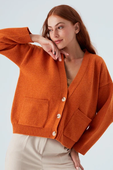 Peraluna CAROL CARDIGAN Cepli Düğmeli Rahat Kesim Crop Kadın Triko Hırka - Turuncu - 4