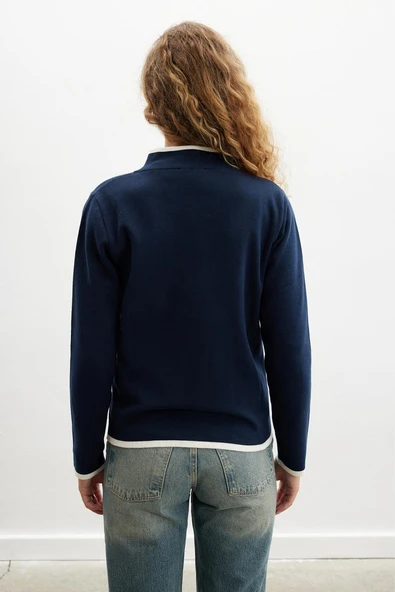 Peraluna SUMMER CARDIGAN Fermuarlı Cepli Organik Pamuk Çelik Örgü Yazlık Kadın Triko Hırka - Lacivert - Resim 6