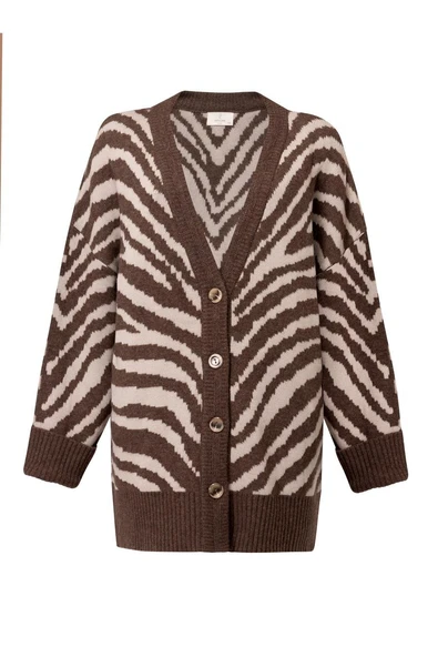 Peraluna ZEBRA CARDIGAN V Yaka Zebra Desen Organik Pamuk-Yün Karışım Geniş Kesim Kadın Triko Hırka - Kahve - 7