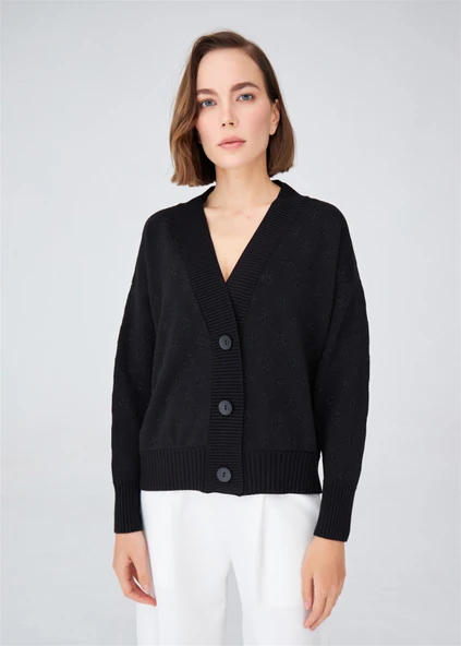 Peraluna MADRIGAL JACKET Simli Diamond Desenli Geniş Kalıp Kadın Triko Hırka - Siyah - 2