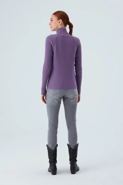 Peraluna Fit Kalıp Balıkçı Yaka Kaşmir Karışım Kadın Triko Kazak - Koyu Lila - Resim 8