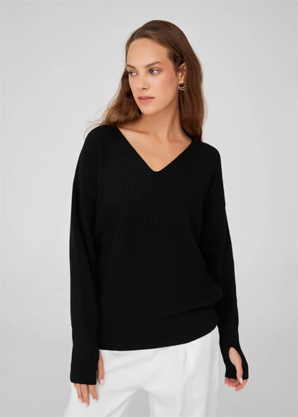 Peraluna V Yaka Bol Kesim Kaşmir Karışım Kadın Triko Kazak - Siyah - 5