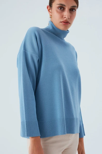 Peraluna Balıkçı Yaka Boğazlı Bol Kesim Kadın Triko Kazak - Mavi - 2