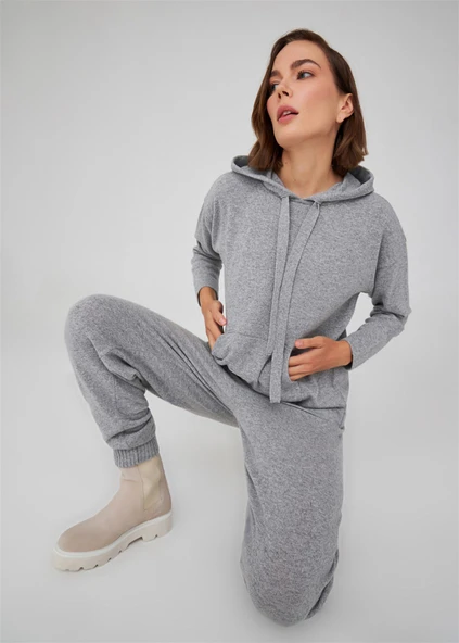 Peraluna Kaşmir Karışım Kapüşonlu Bol Kesim Kadın Triko Kazak - Gri Melanj - Resim 3