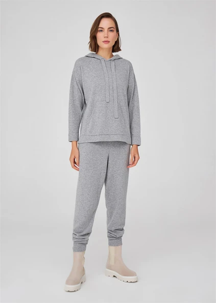 Peraluna Kaşmir Karışım Kapüşonlu Bol Kesim Kadın Triko Kazak - Gri Melanj ürün görseli 1