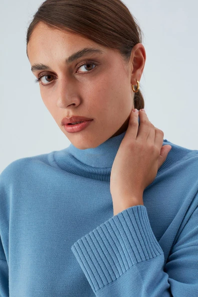 Peraluna Balıkçı Yaka Boğazlı Bol Kesim Kadın Triko Kazak - Mavi - 5