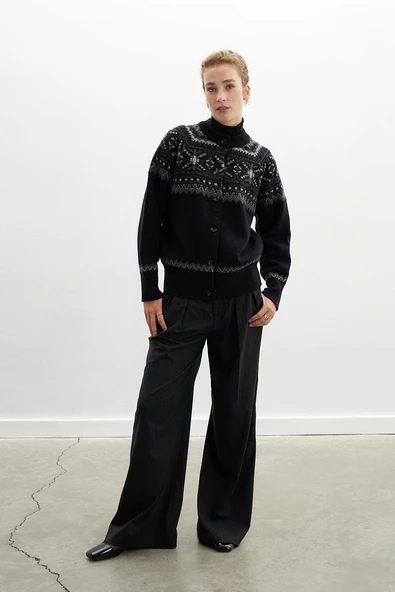 Peraluna AISLING CARDIGAN Bisiklet Yaka Yün Karışım Etnik Motif Kadın Triko Hırka - Siyah - 4